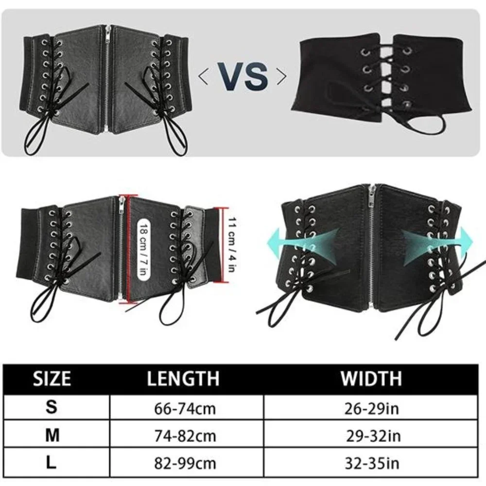Black Faux Leather Corset Waistbelt Lace Up Elastic‎ Bustier Cincher Belt
